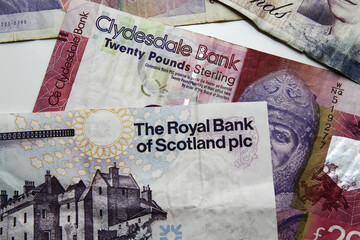 Close up of Scotland, Sterling and England Banknotes