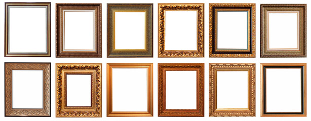 Frames baguettes gold silver set isolated on white background pattern.