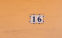Decorative Ceramic House Number 16 Tile On The Wall, Characteristic Decorative Element, Number