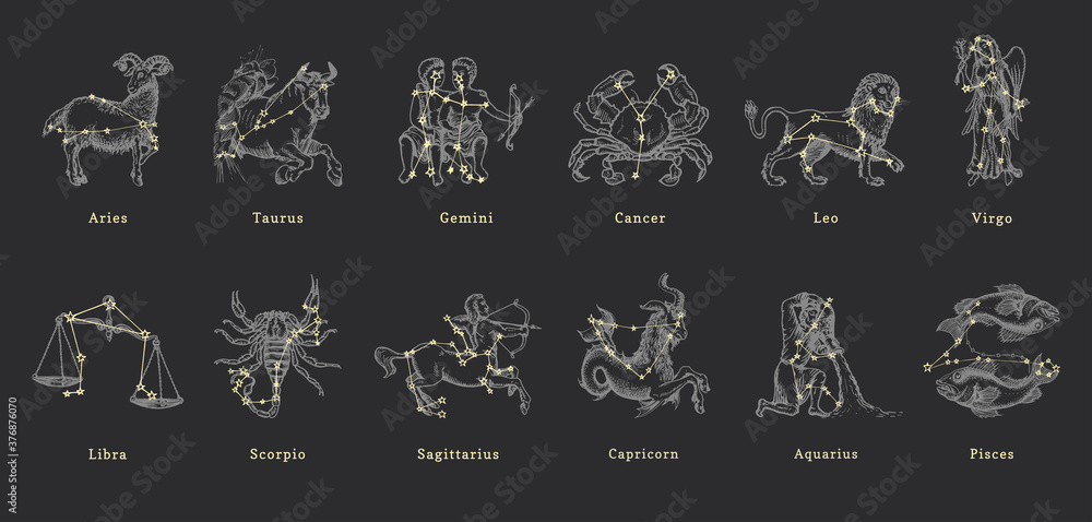Vector retro graphic illustrations of Zodiac signs - obrazy, fototapety, plakaty 