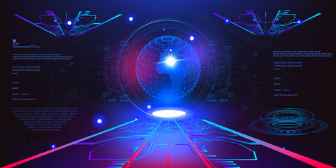 Holographic blue glowing 3D ball or earth energy shield in futuristic space of user HUD interface. Glowing volumetric 3D ball with dots or segments. Abstract background. Video game interface
