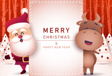 Merry Christmas And Happy New Year 2021 Greeting Card With Bull.