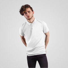 Wall Mural - Mockup of a fashionable t-shirt on a man in black jeans, an empty polo for design presentation, advertising in an online store.