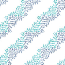 Jacquard Effect Wild Meadow Grass Seamless Vector Pattern Background. Blue White Backdrop Of Leaves In Elegant Diagonal Stripe Geometric Damask Design. Botanical Baroque Foliage All Over Print
