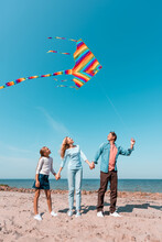 Family Holding Hands And Looking At Kite On Beach Near Sea