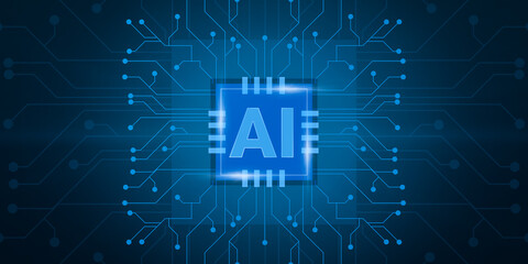 Fototapete - Futuristic Illustration For Artificial Intelligence Concept With Computer Chip And Circuit Lines