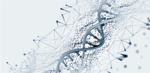 DNA helix 3D illustration. Mutations under microscope. Decoding genome. Virtual modeling of chemical processes. Hi-tech in medicine