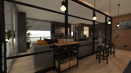 Cuadros en Lienzo SALON COMEDOR CON COCINA DE ESTILO INDUSTRIAL