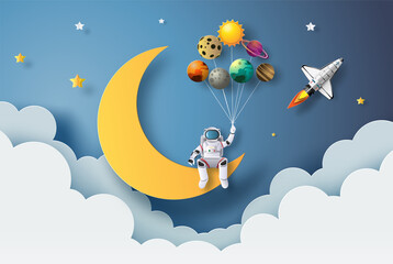 The astronaut is sitting on the moon holding planet balloons, paper cut style, flat-style vector illustration.