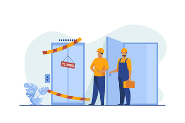 Wall Mural - Workers in overalls standing near closed broken elevator. Repairmen, engineers, technicians flat vector illustration. Public utility, service concept for banner, website design or landing web page