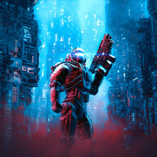 Cyberpunk Soldier City Patrol / 3D Illustration Of Science Fiction Military Robot Warrior Patrolling Night Time Dystopian Streets