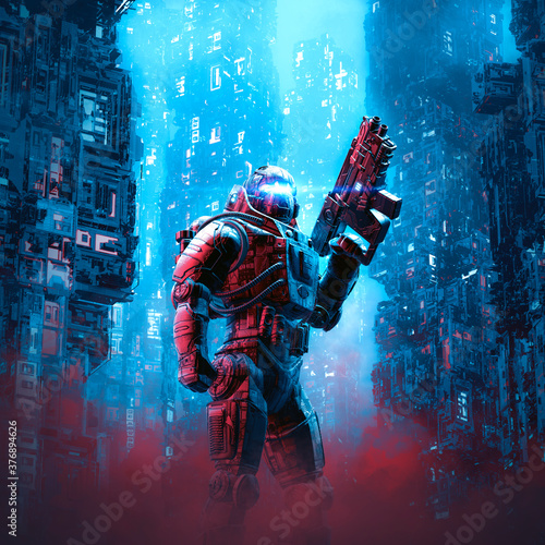 Obraz na plátně Cyberpunk soldier city patrol / 3D illustration of science fiction military robo