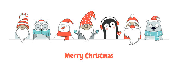 Christmas poster with a snowman, penguin, polar bear, gnome, Santa Claus.