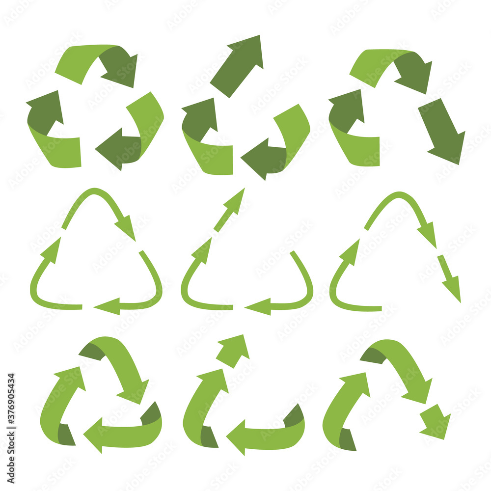 Vector recycling, upcycling and downcycling signs, isolated on white background. Green reuse symbols for ecological design. Zero waste lifestyle. - obrazy, fototapety, plakaty 