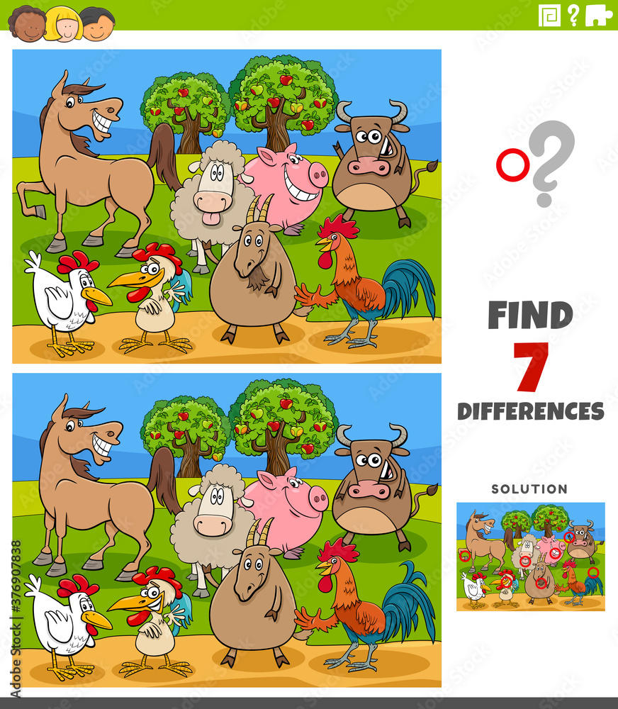 differences educational game with farm animal characters Stock Vector ...