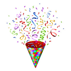 Party popper with confetti and serpantine salute isolated on white. Vector illustration. Colorful cracker for celebration event design. Birthday and New Year congratulations surprise.