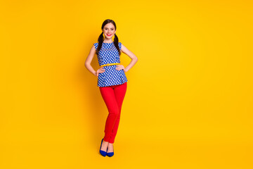 Canvas Print - Full length body size view of her she nice-looking attractive pretty cheerful cheery fashionable girl posing wearing modern garment isolated bright vivid shine vibrant yellow color background