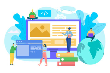 Website construction concept, ui interface prototyping, web development vector illustration. People costructing web site interface on computer. UI UX, usability, mockup, wireframe development concept.