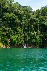 Kenyir lake lake with beautiful rainforest tropical jungle. Scenic landscape view. Located in Terengganu, Malaysia.