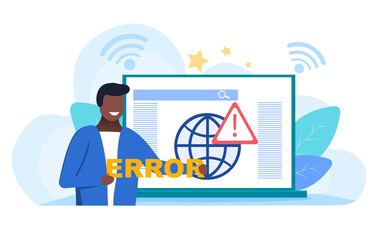 Wall Mural - network errors and disconnection concept with a man holding an error label on the background of open