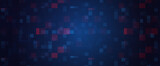 Fototapeta Zachód słońca - Abstract Digital Futuristic Technology Pixel Panoramic Banner  Background. 3D rendering illustration Dark BLUE backgroud texture in rectangular  pattern with random repeating red blue rectangles.
