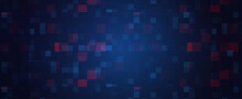Abstract Digital Futuristic Technology Pixel Panoramic Banner  Background. 3D Rendering Illustration Dark BLUE Backgroud Texture In Rectangular  Pattern With Random Repeating Red Blue Rectangles.