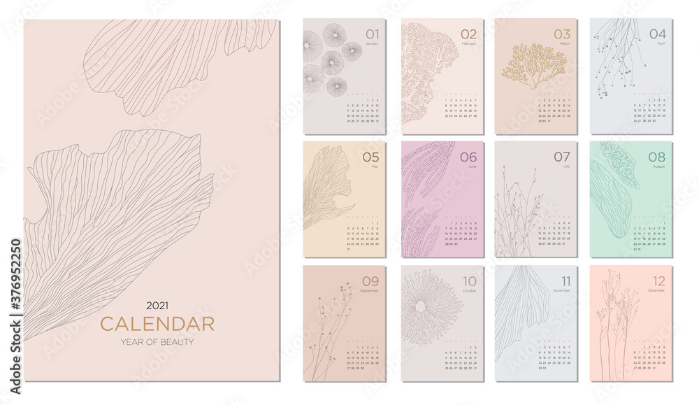 2021 calendar template on a botanical theme. Calendar design concept ...