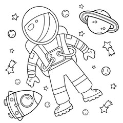 coloring page outline of a cartoon rocket with astronaut in space. coloring book for kids.