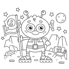 Wall Mural - Coloring Page Outline Of a cartoon little alien with flag on planet. Space. Coloring book for kids.