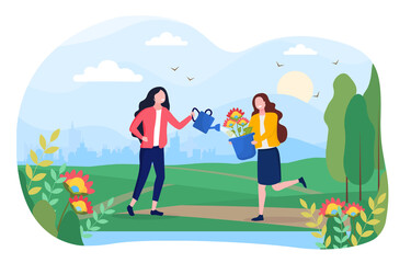 Wall Mural - Ecological concept with two girls watering flowers in the meadow on the background of an urban landscape. Flat vector illustration