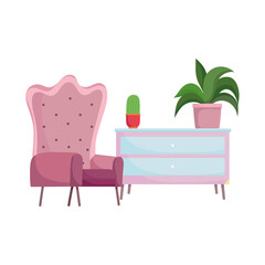 Canvas Print - armchair furniture drawers with potted plants white background