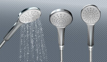 Shower Head With Water Spray Isolated On Transparent Background. Vector Realistic Mockup Of Metal Sprinkler With Hose And Falling Drops. Equipment For Douche And Bath
