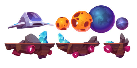 Wall Mural - space game platform, cartoon arcade isolated elements spaceship, flying rocks and alien planets for 