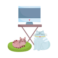 Poster - workspace monitor computer on table and cats isolated design white background