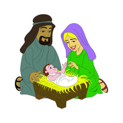 Image for the holiday of Merry Christmas Christ. Icon Joseph Mary and the baby in the manger. Flat vector graphics for church.