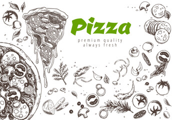 Wall Mural - Pizza line banner. Engraved style doodle background. Savoury pizza ads with illustration rich toppings dough. Tasty vector banner for cafe, restaurant or food delivery service