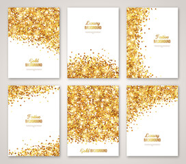 Wall Mural - Set of White and Gold Banners, Greeting Card or Flyers Design. Gold Confetti Glitter. Vector illustration. Sequins Pattern. Lights and Sparkles. Glowing Holiday Festive Poster. Gift Cards Design