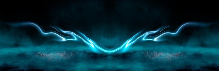Wall Mural - night scene with reflection of neon light in the water. liquid, puddles, flooding. rays and lines in