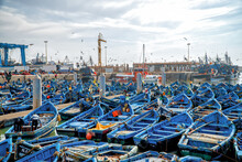 A Lot Of Small Blue Fishing Boats In The Harbor Of Essaouira