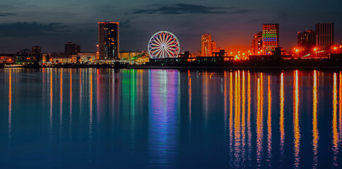 The Kazan Skyline and it's reflection. Modern buildings are illuminated.