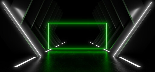 Wall Mural - A dark corridor lit by green neon lights. Reflections on the floor and walls. 3d rendering image.