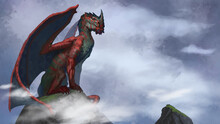 Digital Computer Generated Painting Of Red And Green Dragon Sitting On A Cliff Among The Clouds Waiting To Fly Away - Digital Fantasy Illustration