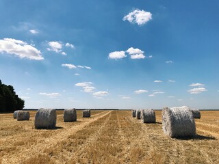 A two thirds symmetry shot of straw stack on a mown field. Round hay bale on bright yellow background.