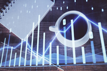 Double exposure of forex graph drawing and work table top veiw. Concept of financial analysis.