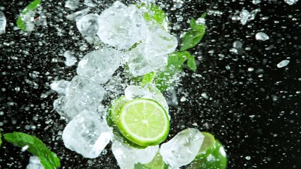 Poster - Super Slow Motion Shot of Fresh Limes Collision with Splashing Water. Filmed on high speed cinema camera at 1000fps.