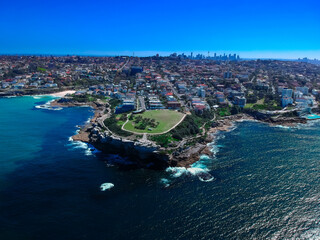 Panoramic  Aerial Drone View of  Bondi Beach Sydney NSW Australia houses on the cliff