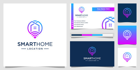 Wall Mural - Smart home with combine map and connection logo design and business card. Creative template logo technology.