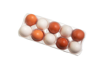 Wall Mural - Fresh white and red eggs are in a white box on a white background. Isolated