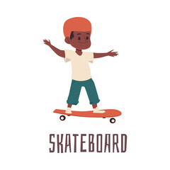 Canvas Print - Skateboarding little boy cartoon character flat vector illustration isolated.