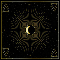 esoteric digital vector art of night sky with golden outline.